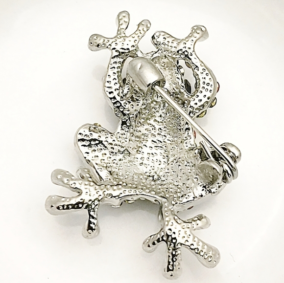 Silver plated multicolor crystal frog necklace/brooch with gold chain - Picture 7 of 16
